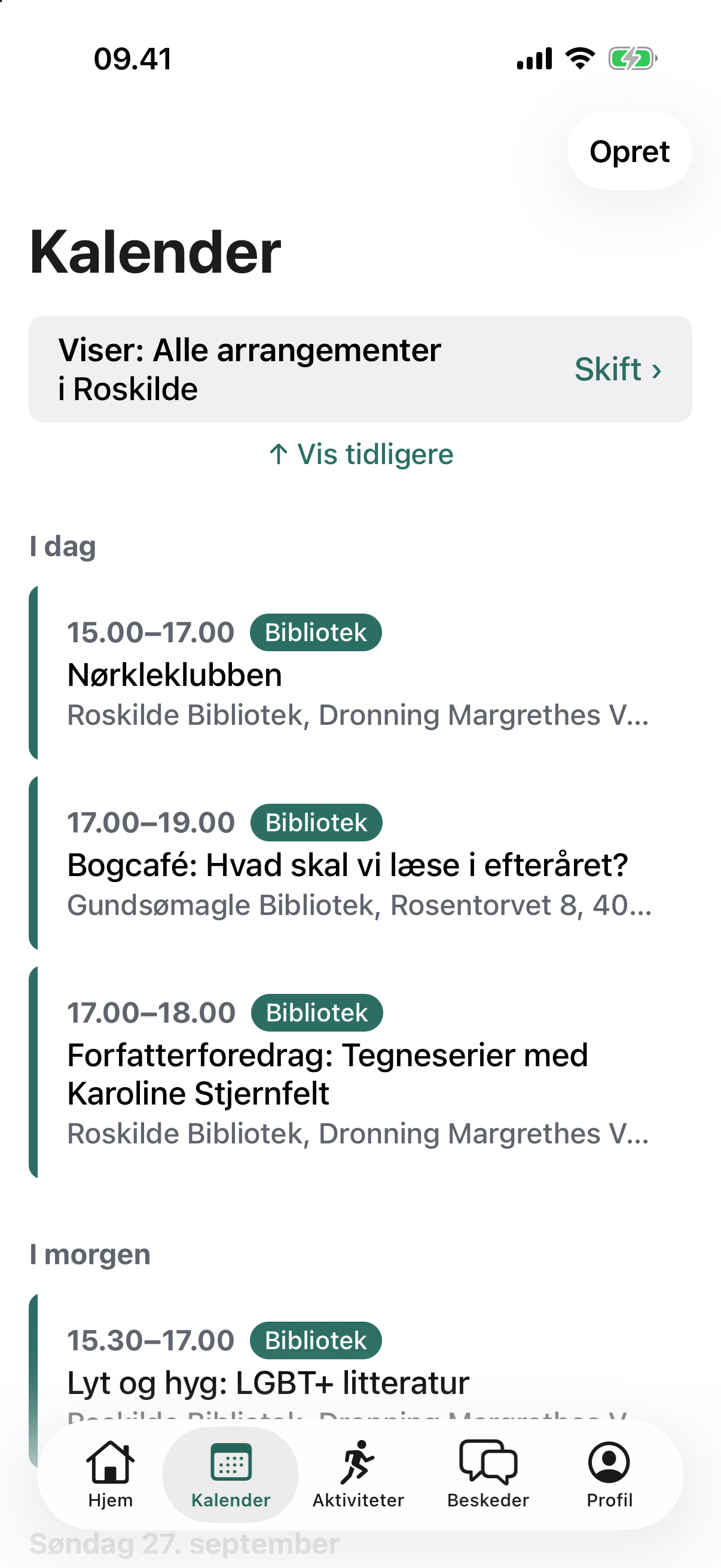 Kalenderen for Roskilde med dagens arrangementer på biblioteket, fx Nørkleklubben og en bogcafé.