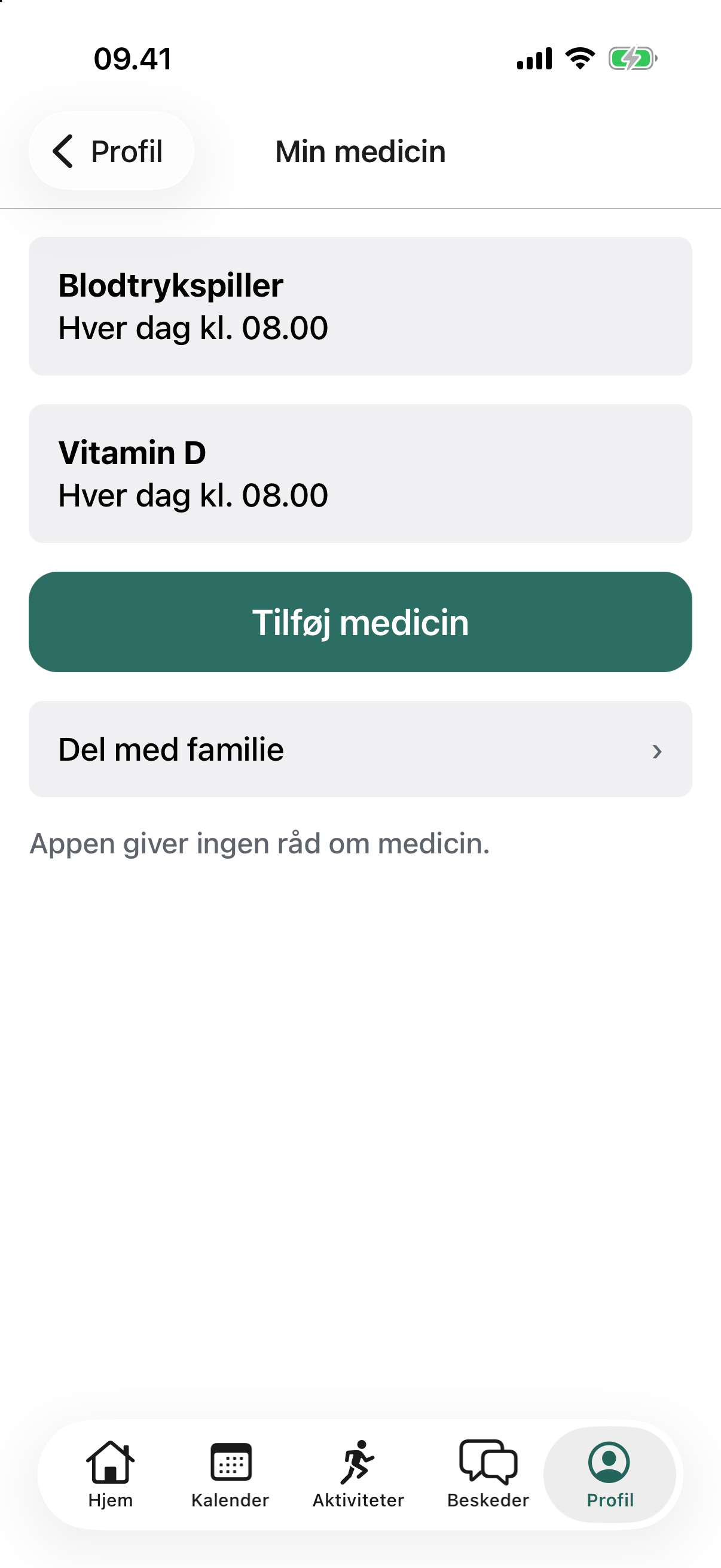 Siden Min medicin med blodtrykspiller og vitamin D hver dag kl. 8.